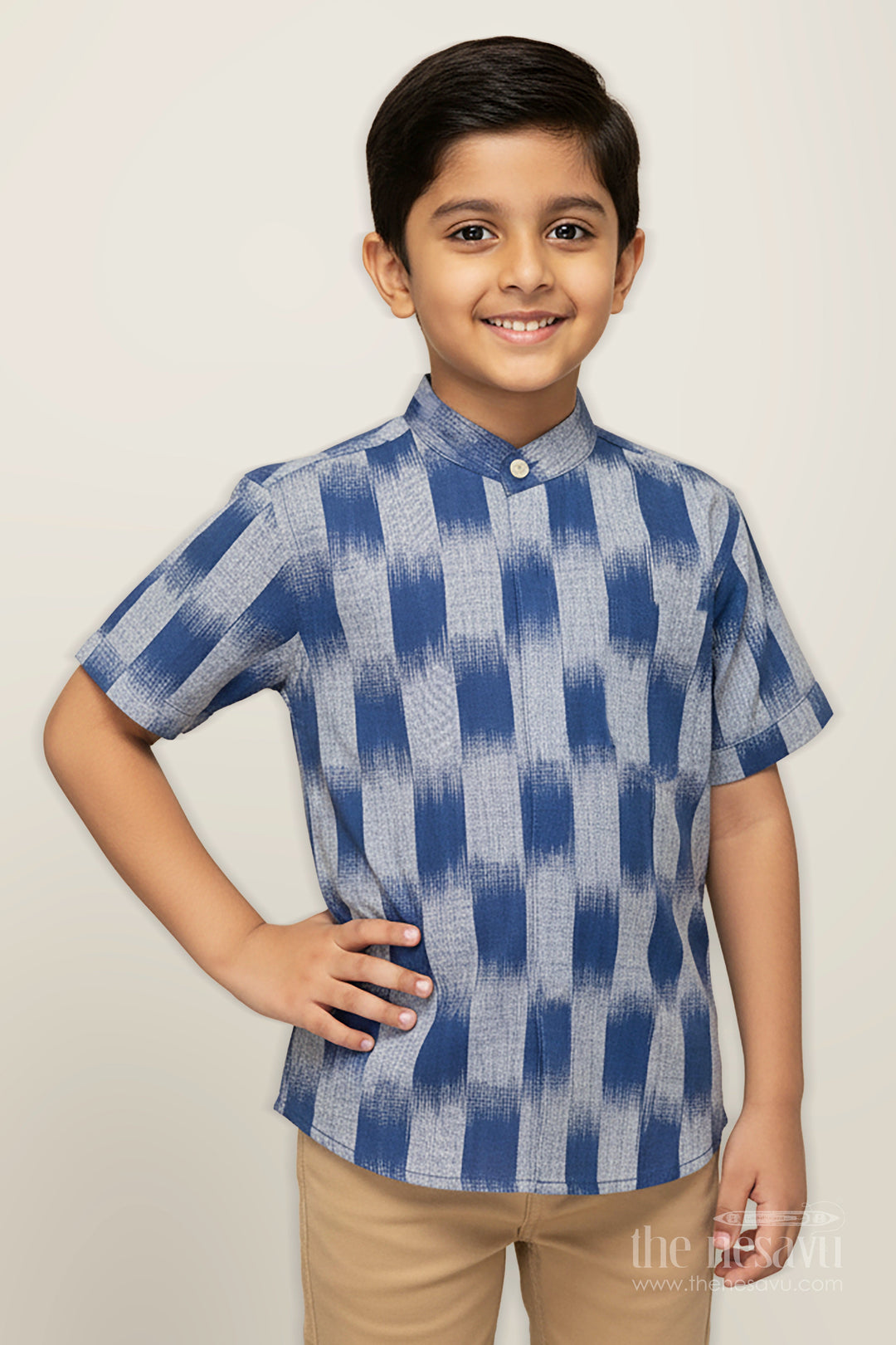 The Nesavu Boys Cotton Shirt Indigo Cotton Ikat Boys Shirt for Casual Festive Days and School Events Nesavu 16 (1Y) / Gray BS306A-16 Nesavu Indigo Ikat Boys Shirt Cotton Ethnic Casual Top School Events Cultural Programs
