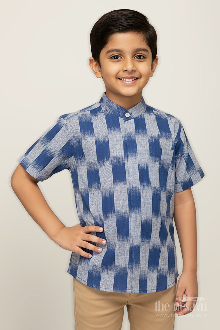 The Nesavu Boys Cotton Shirt Indigo Cotton Ikat Boys Shirt for Casual Festive Days and School Events Nesavu 16 (1Y) / Gray BS306A-16 Nesavu Indigo Ikat Boys Shirt Cotton Ethnic Casual Top School Events Cultural Programs