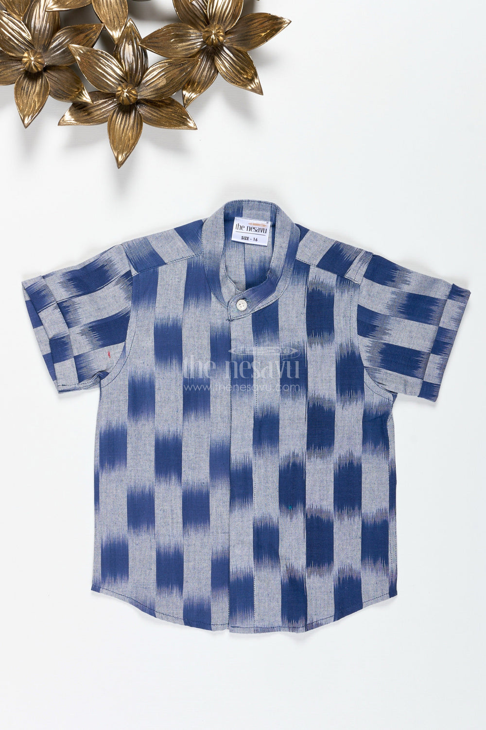The Nesavu Boys Cotton Shirt Indigo Cotton Ikat Boys Shirt for Casual Festive Days and School Events Nesavu Nesavu Indigo Ikat Boys Shirt Cotton Ethnic Casual Top School Events Cultural Programs
