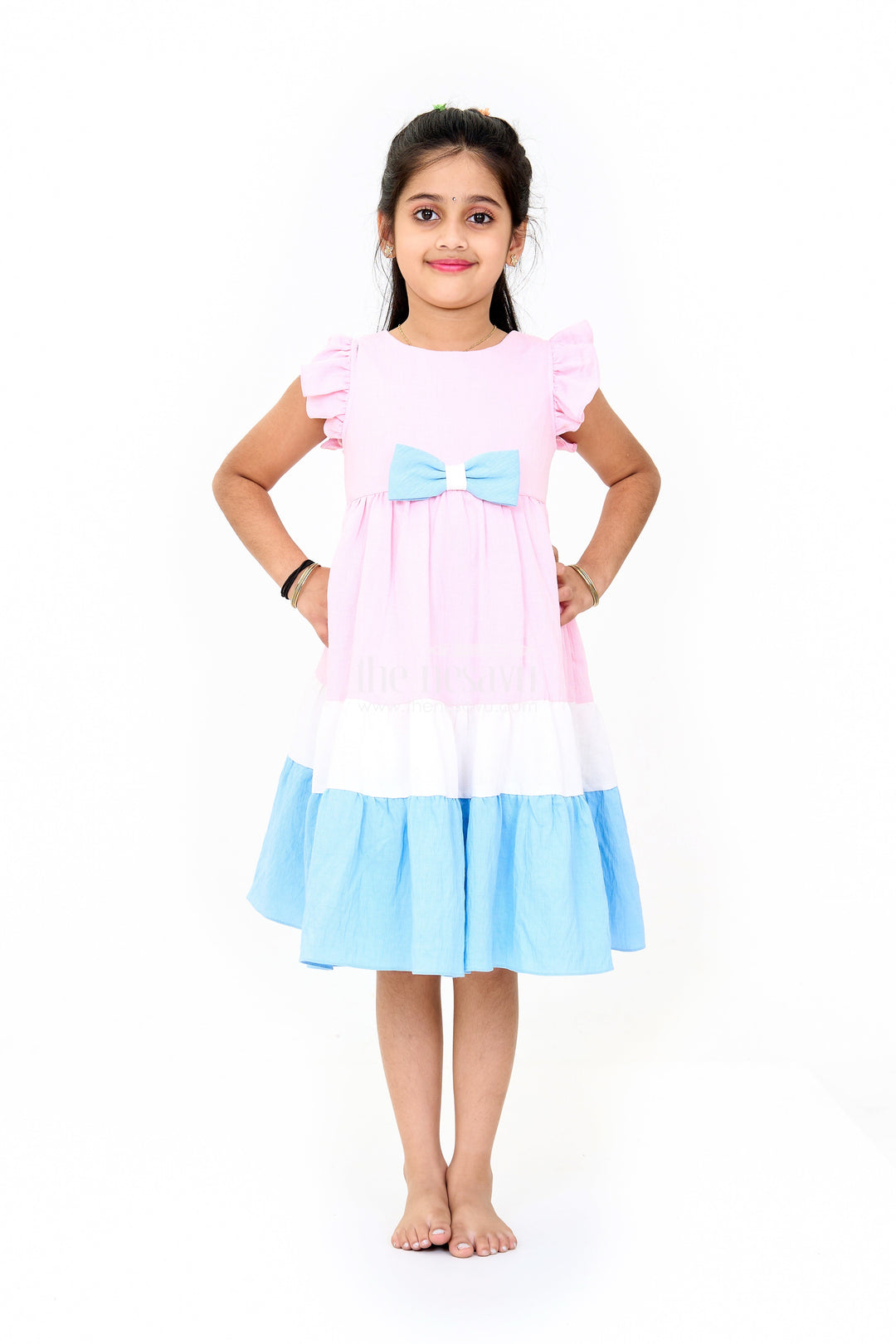 The Nesavu Girls Fancy Frock Indo Western Dress with Tiered Ruffle Hem and Contrast Bow Design for Girls Nesavu 16 (1Y) / Yellow GFC1507B-16 Indo Western Dress Tiered Ruffles Elegant Bow Girls | The Nesavu