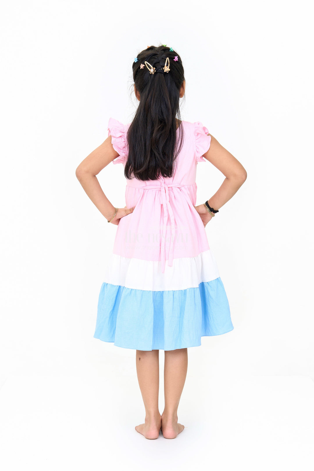 The Nesavu Girls Fancy Frock Indo Western Dress with Tiered Ruffle Hem and Contrast Bow Design for Girls Nesavu Indo Western Dress Tiered Ruffles Elegant Bow Girls | The Nesavu
