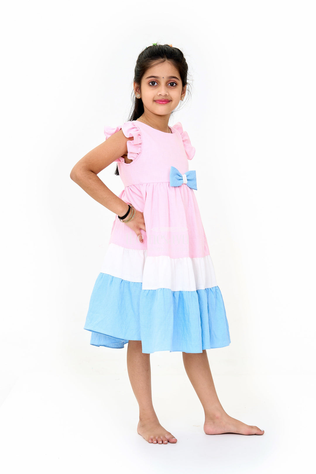 The Nesavu Girls Fancy Frock Indo Western Dress with Tiered Ruffle Hem and Contrast Bow Design for Girls Nesavu Indo Western Dress Tiered Ruffles Elegant Bow Girls | The Nesavu