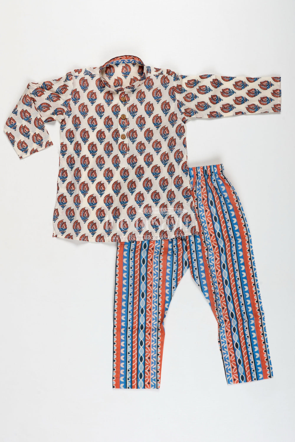 The Nesavu Boys Dothi Set Indowestern Dhoti Set for Boys Nehru Jacket Occasionwear Nesavu 12 (3M) / White BES730A-12 Nesavu Kids Cotton Kurta Set Traditional Block Print Striped Bottoms Festivals