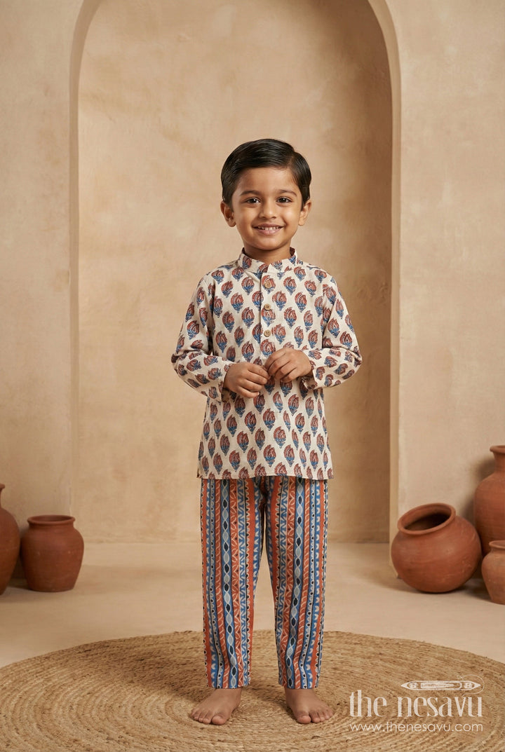 The Nesavu Boys Dothi Set Indowestern Dhoti Set for Boys Nehru Jacket Occasionwear Nesavu 12 (3M) / White BES730A-12 Nesavu Kids Cotton Kurta Set Traditional Block Print Striped Bottoms Festivals