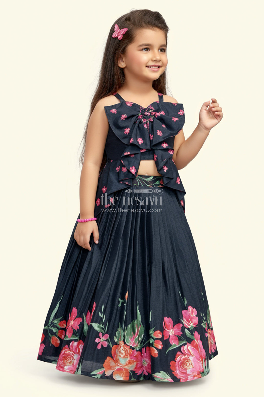 The Nesavu Girls Lehenga Choli Indowestern Lehenga for Girls Stylish Printed Ensemble Nesavu 16 (1Y) / Black GL734A-16 Nesavu Indowestern Lehenga Girls Muslin Silk Black Floral Digital Print Trendy Silhouette