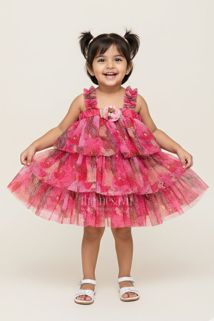 The Nesavu Baby Fancy Frock Infant Apparel Pink Baby Fancy Frock with Floral Digital Print and Layered Ruffles in Soft Net Fabric Nesavu 14 (6M) / Pink BFJ799A-14 Nesavu Infant Apparel Pink Ruffled Baby Frock Soft Net Floral Digital Prints Special Occasions