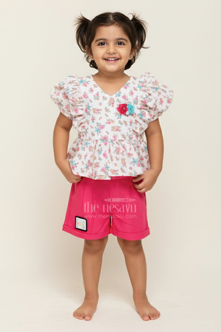 The Nesavu Baby Casual Sets Infant Clothing Online White Floral Kora Cotton Top with Ruffle Sleeves and Pink Shorts Set Nesavu 18 (2Y) / Pink BFJ802A-18 Nesavu Infant Clothing Online Floral Printed Kora Cotton Top Pink Shorts Baby Girls