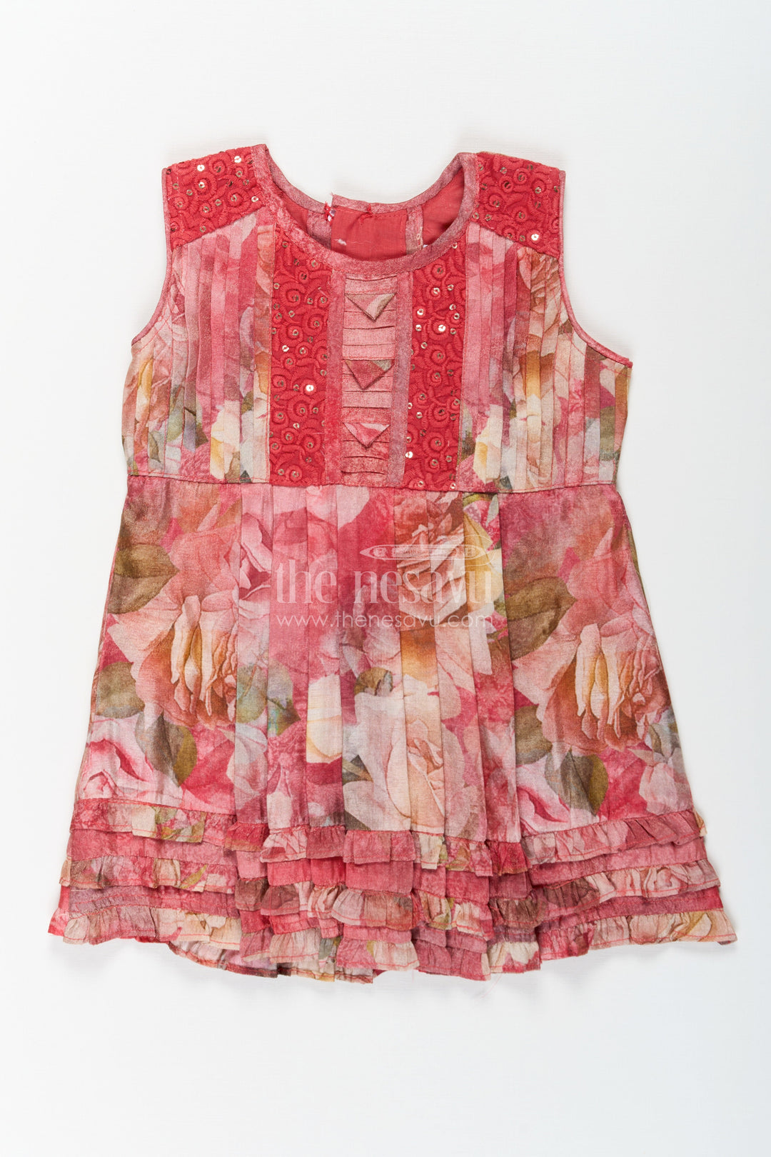 The Nesavu Baby Cotton Frocks Infant Dresses in Vibrant Floral Print with Ruffled Hem and Pintuck Embellished Yoke Nesavu 14 (6M) / Red BFJ773A-14 Infant Dresses with Floral Digital Print Ruffled Hem and Pintuck Embellished Yoke for Baby Girls | The Nesavu