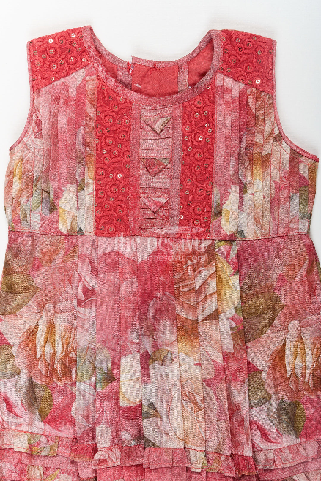 The Nesavu Baby Cotton Frocks Infant Dresses in Vibrant Floral Print with Ruffled Hem and Pintuck Embellished Yoke Nesavu Infant Dresses with Floral Digital Print Ruffled Hem and Pintuck Embellished Yoke for Baby Girls | The Nesavu