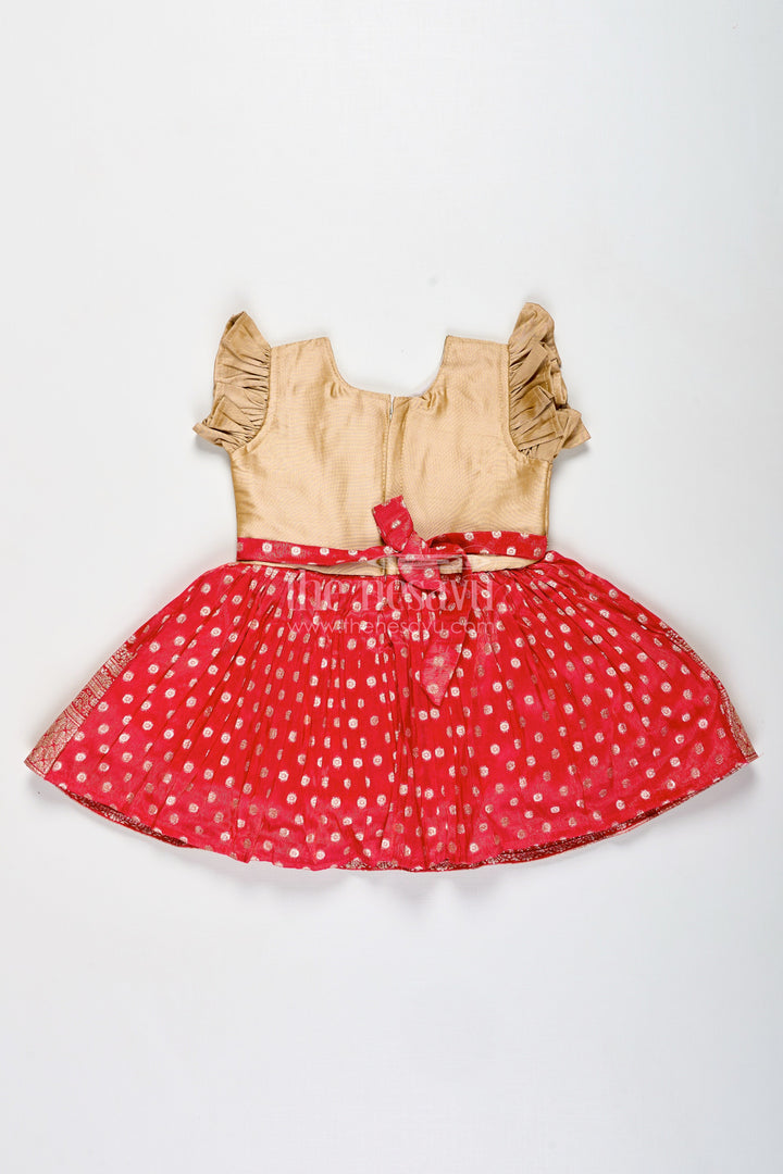 The Nesavu Silk Frock Infant Girl Red Silk Frock with Golden Tissue Flare and Puff Sleeves Nesavu Nesavu Baby Girl Red Silk Frock With Golden Tissue Flare Ethnic Festive Dress