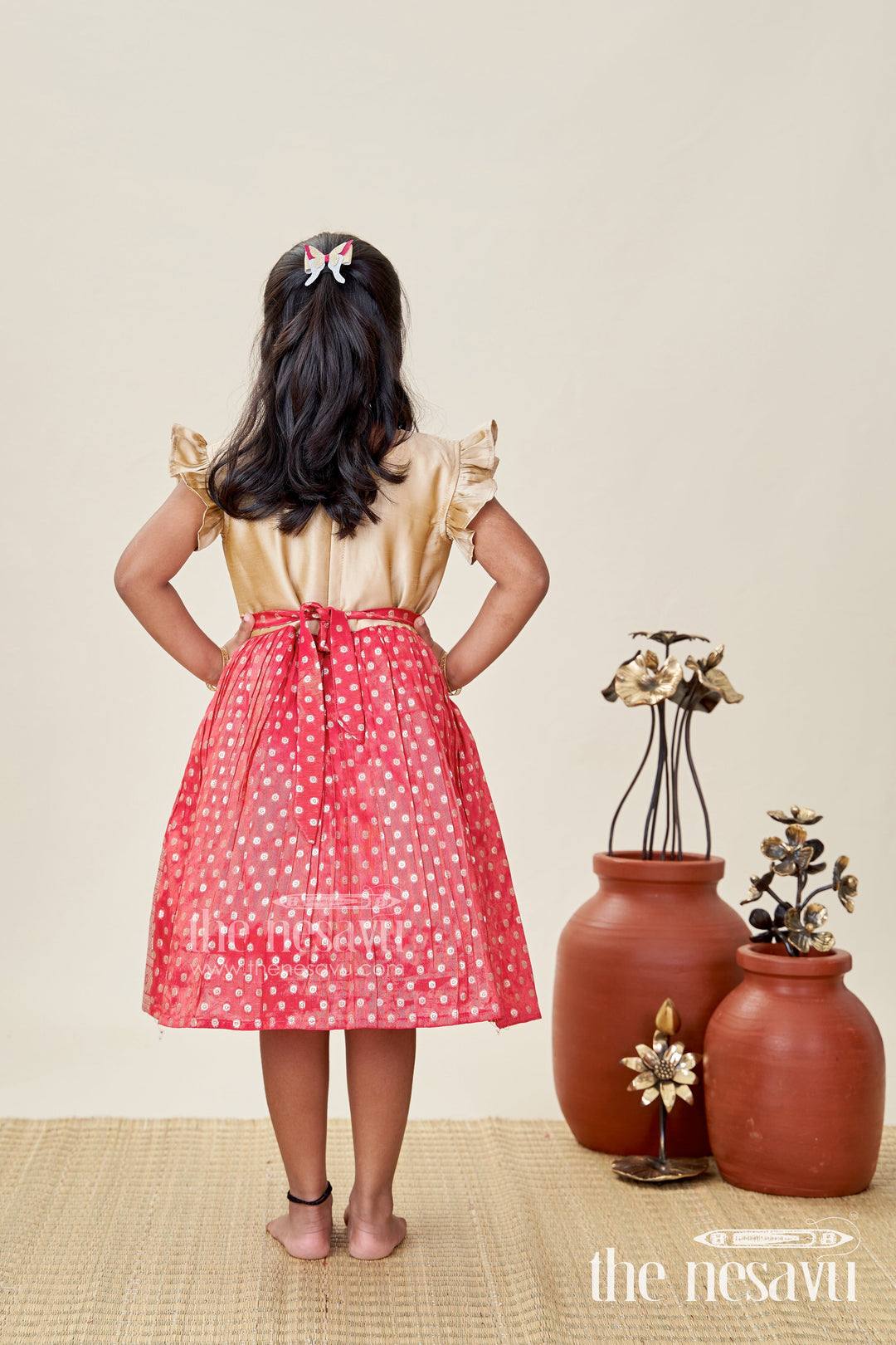 The Nesavu Silk Frock Infant Girl Red Silk Frock with Golden Tissue Flare and Puff Sleeves Nesavu Nesavu Baby Girl Red Silk Frock With Golden Tissue Flare Ethnic Festive Dress