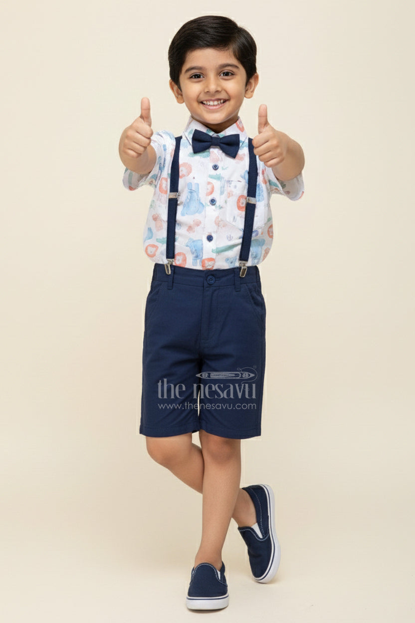 The Nesavu Boys Casual Set Infant Navy Blue Dress Set for Boys with Animal Printed Cotton Shirt and Coordinated Shorts Nesavu 18 (2Y) / Blue BCS318A-18 Nesavu Infant Navy Blue Dress Set Boys Animal Print Shirt Cotton Shorts Suspenders