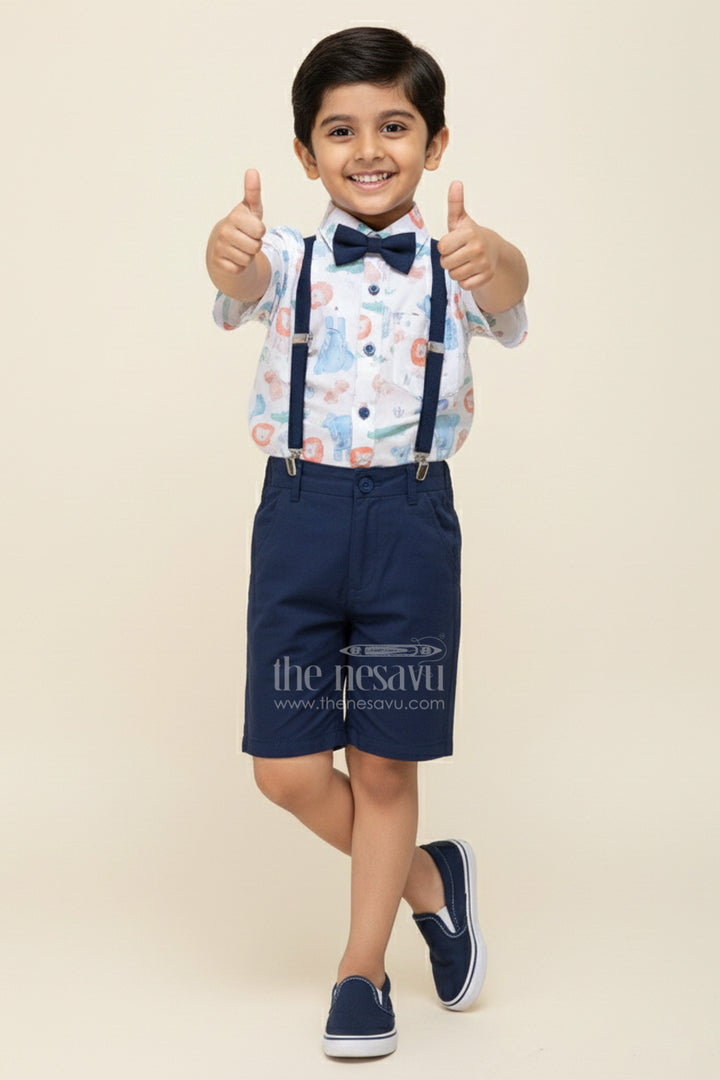 The Nesavu Boys Casual Set Infant Navy Blue Dress Set for Boys with Animal Printed Cotton Shirt and Coordinated Shorts Nesavu 18 (2Y) / Blue BCS318A-18 Nesavu Infant Navy Blue Dress Set Boys Animal Print Shirt Cotton Shorts Suspenders