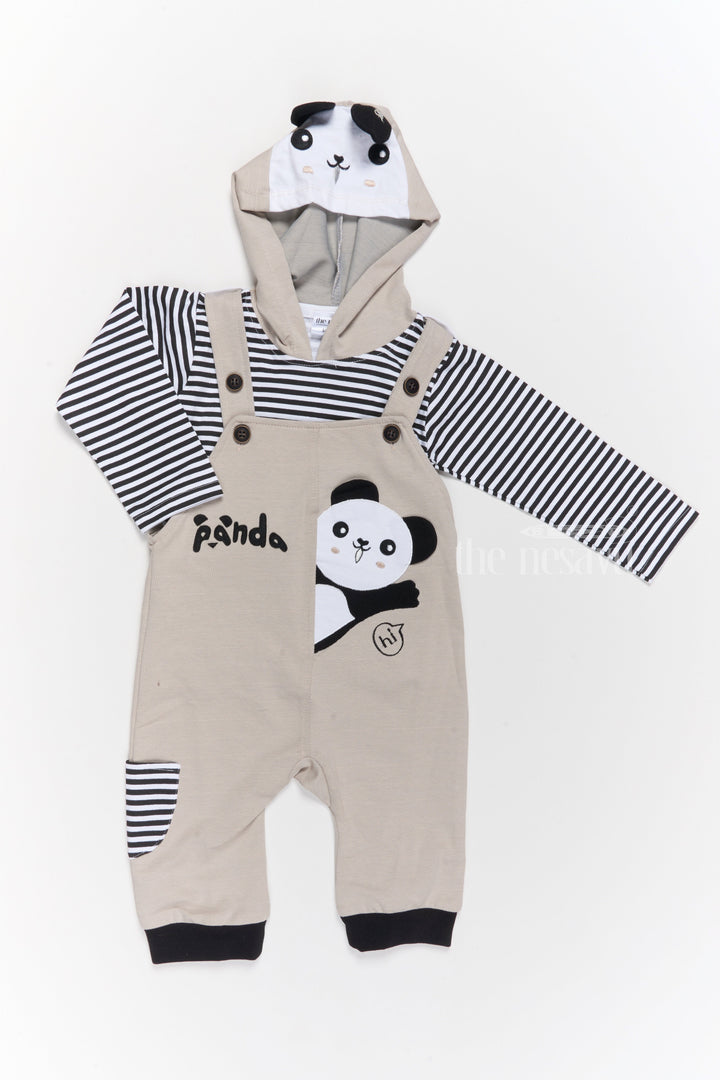 The Nesavu Baby Casual Sets Infant Photoshoot Dress Cotton Panda Romper with Striped Shirt and Hood Nesavu 14 (6M) / Gray BCS185A-14 Infant Photoshoot Dress Cotton Panda Hooded Romper Striped Shirt | The Nesavu