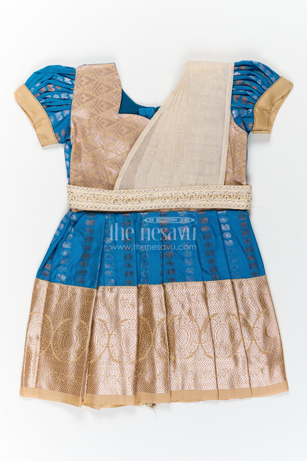 The Nesavu Girls Kanchi Silk Frock Infant Silk Dress in Semi Kanchivaram with Royal Blue Weave Thread Embroidery and Lace Dupatta Accent Nesavu 16 (1Y) / Blue / Style 1 SF843BA-16 Infant Silk Dress in Royal Blue Semi Kanchivaram with Embroidered Lace Dupatta and Gold Zari Finish | The Nesavu