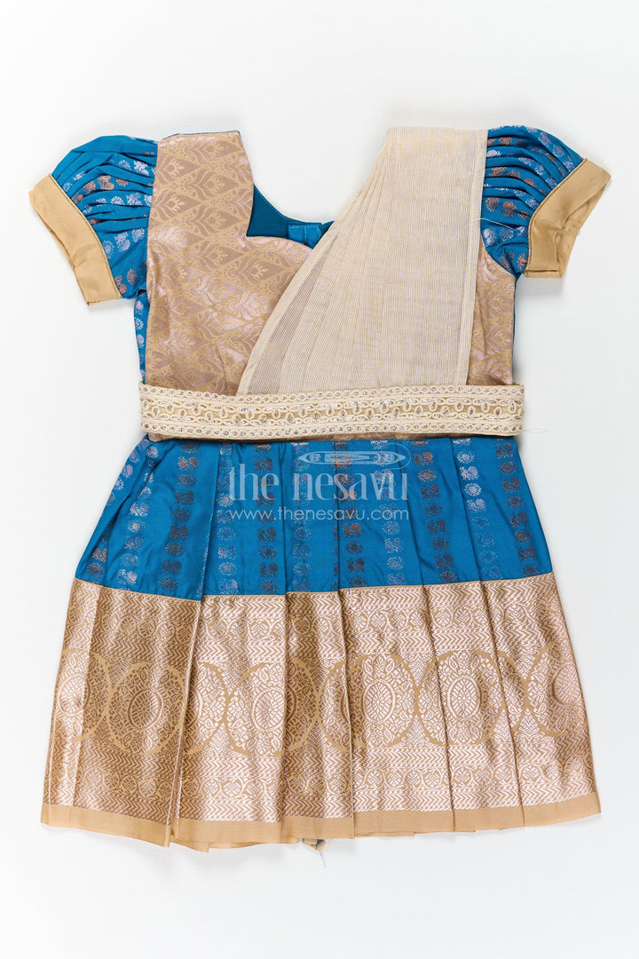 The Nesavu Girls Kanchi Silk Frock Infant Silk Dress in Semi Kanchivaram with Royal Blue Weave Thread Embroidery and Lace Dupatta Accent Nesavu 16 (1Y) / Blue / Style 1 SF843BA-16 Infant Silk Dress in Royal Blue Semi Kanchivaram with Embroidered Lace Dupatta and Gold Zari Finish | The Nesavu