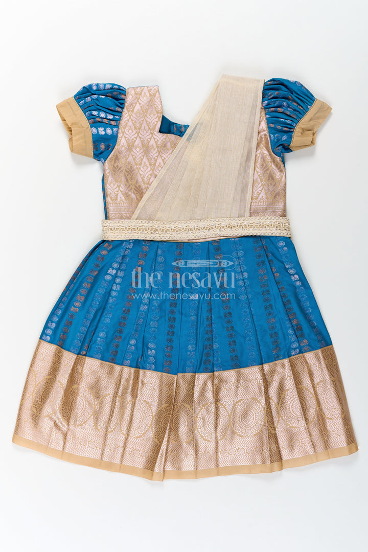 The Nesavu Girls Kanchi Silk Frock Infant Silk Dress in Semi Kanchivaram with Royal Blue Weave Thread Embroidery and Lace Dupatta Accent Nesavu 20 (3Y) / Blue / Style 2 SF843BB-20 Infant Silk Dress in Royal Blue Semi Kanchivaram with Embroidered Lace Dupatta and Gold Zari Finish | The Nesavu