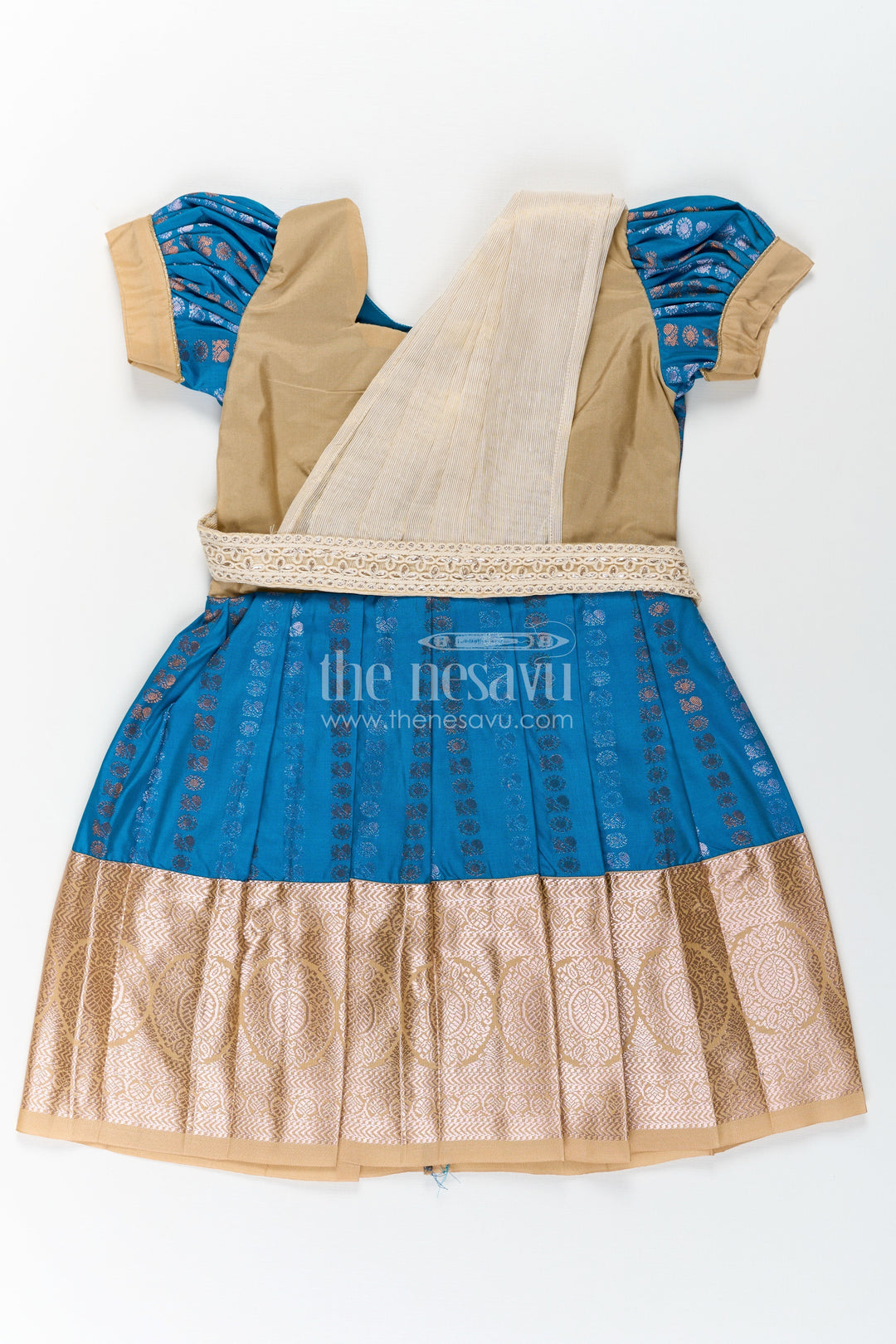 The Nesavu Girls Kanchi Silk Frock Infant Silk Dress in Semi Kanchivaram with Royal Blue Weave Thread Embroidery and Lace Dupatta Accent Nesavu 20 (3Y) / Blue / Style 3 SF843BC-20 Infant Silk Dress in Royal Blue Semi Kanchivaram with Embroidered Lace Dupatta and Gold Zari Finish | The Nesavu