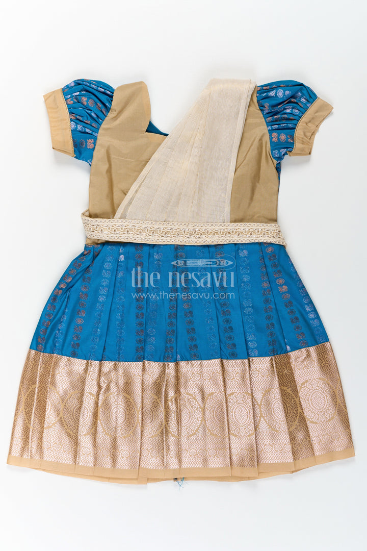 The Nesavu Girls Kanchi Silk Frock Infant Silk Dress in Semi Kanchivaram with Royal Blue Weave Thread Embroidery and Lace Dupatta Accent Nesavu 20 (3Y) / Blue / Style 3 SF843BC-20 Infant Silk Dress in Royal Blue Semi Kanchivaram with Embroidered Lace Dupatta and Gold Zari Finish | The Nesavu