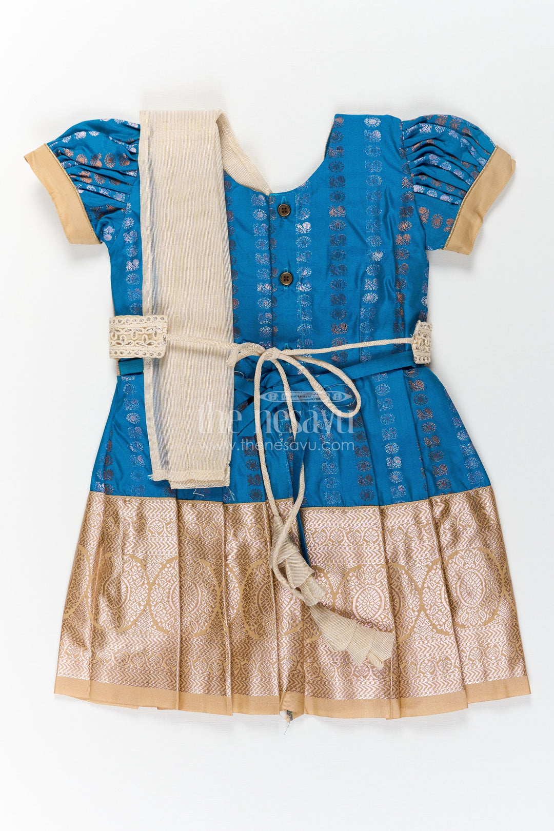 The Nesavu Girls Kanchi Silk Frock Infant Silk Dress in Semi Kanchivaram with Royal Blue Weave Thread Embroidery and Lace Dupatta Accent Nesavu Infant Silk Dress in Royal Blue Semi Kanchivaram with Embroidered Lace Dupatta and Gold Zari Finish | The Nesavu