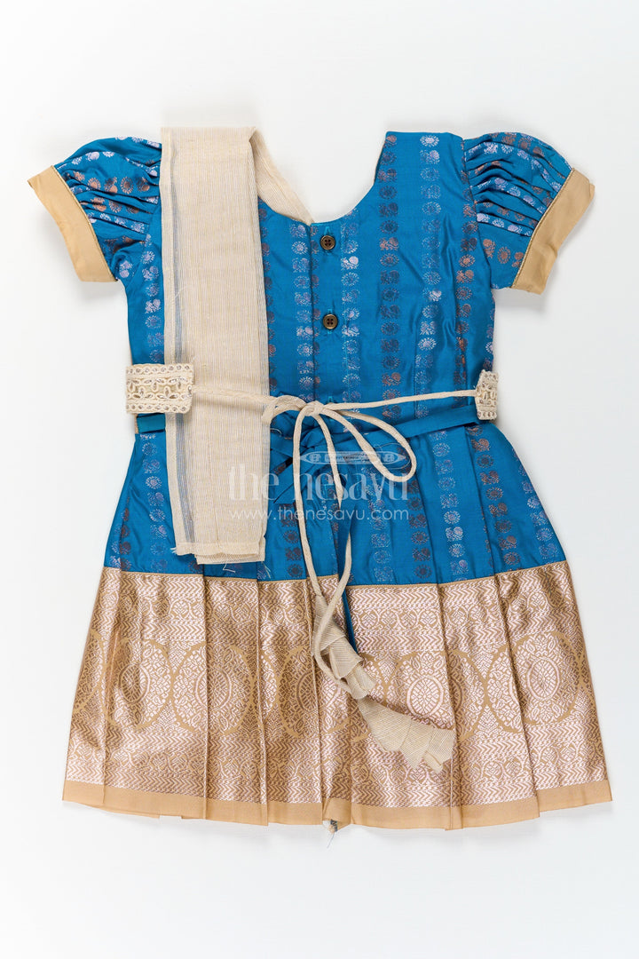 The Nesavu Girls Kanchi Silk Frock Infant Silk Dress in Semi Kanchivaram with Royal Blue Weave Thread Embroidery and Lace Dupatta Accent Nesavu Infant Silk Dress in Royal Blue Semi Kanchivaram with Embroidered Lace Dupatta and Gold Zari Finish | The Nesavu