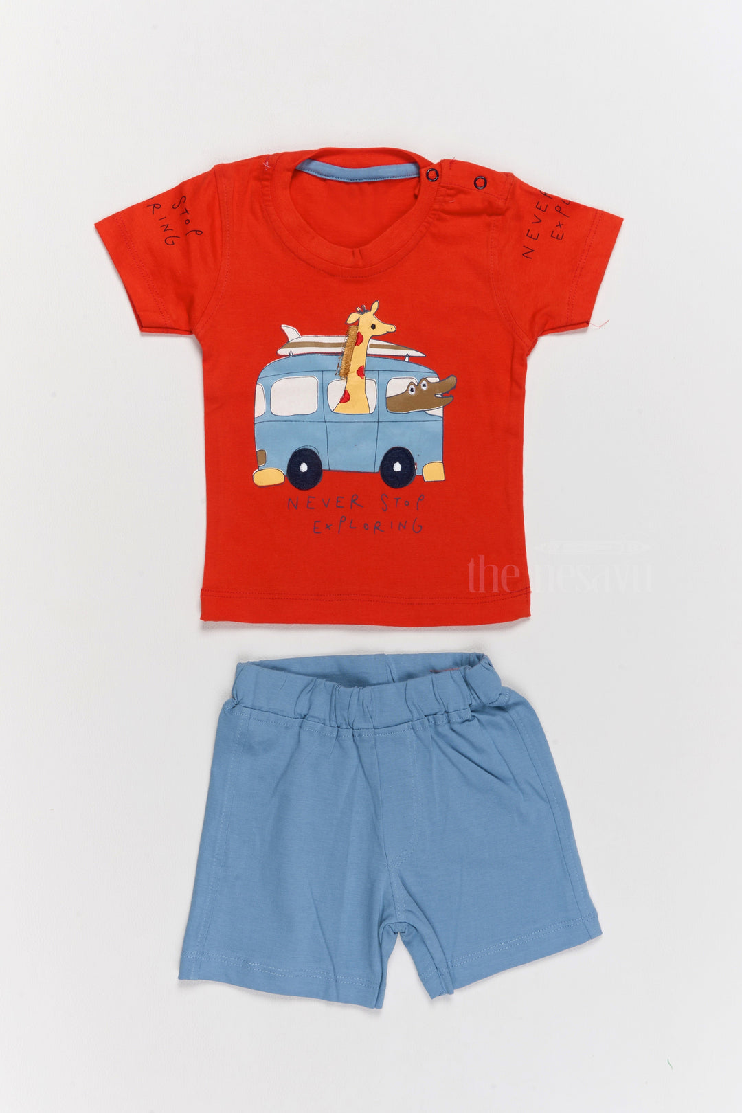 The Nesavu Baby Casual Sets Infant Western Wear Cotton Red T-Shirt with Fun Print and Blue Shorts Nesavu 10 (NB) / Red BCS184B-10 Infant Western Wear Cotton Red T-Shirt Blue Shorts Set | The Nesavu