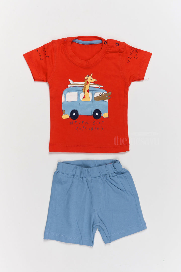 The Nesavu Baby Casual Sets Infant Western Wear Cotton Red T-Shirt with Fun Print and Blue Shorts Nesavu 10 (NB) / Red BCS184B-10 Infant Western Wear Cotton Red T-Shirt Blue Shorts Set | The Nesavu