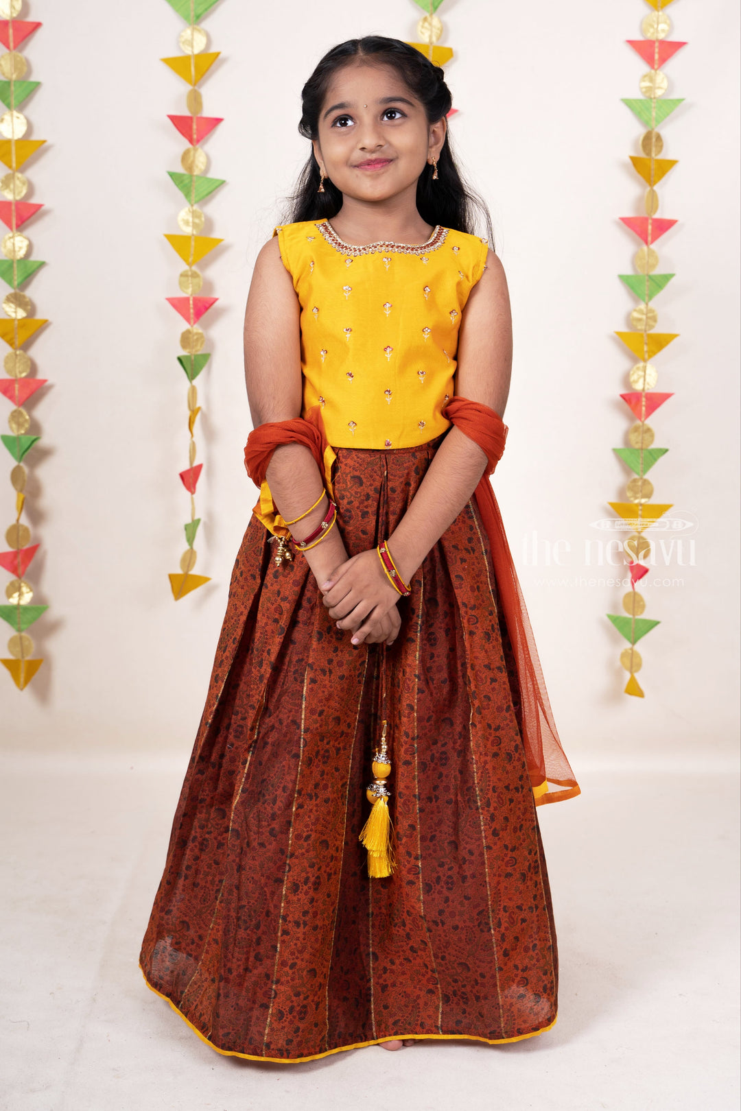 The Nesavu Girls Lehenga Choli Intricate Floral Printed Hand Embroidery Yellow Lehenga For Baby Girls Nesavu 16 (1Y) / Brown / Chanderi GL255-16 Shop Silk Cotton Lehenga For Girls | Party Wear Ghagra Choli Wear | The Nesavu