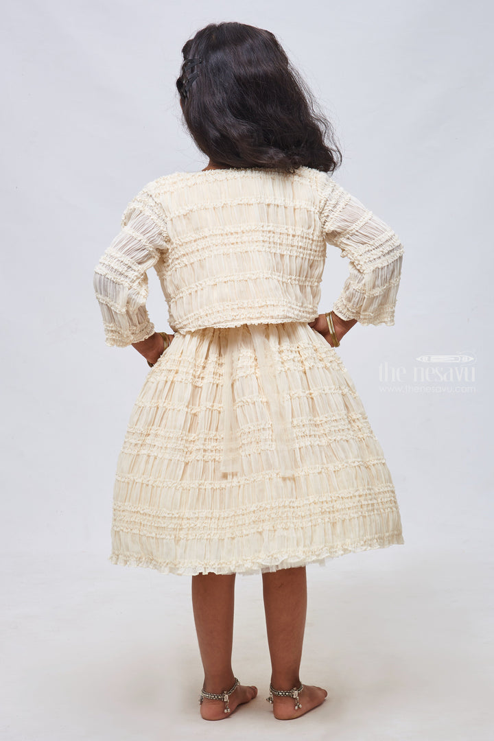 The Nesavu Girls Fancy Party Frock Ivory Allure: Girls Ceremonial Wear with Graceful Ruffles, Pleats & Complementary Overcoat Nesavu Baby Girl Partywear Frock | Birthday Frock for Baby Girl | the Nesavu