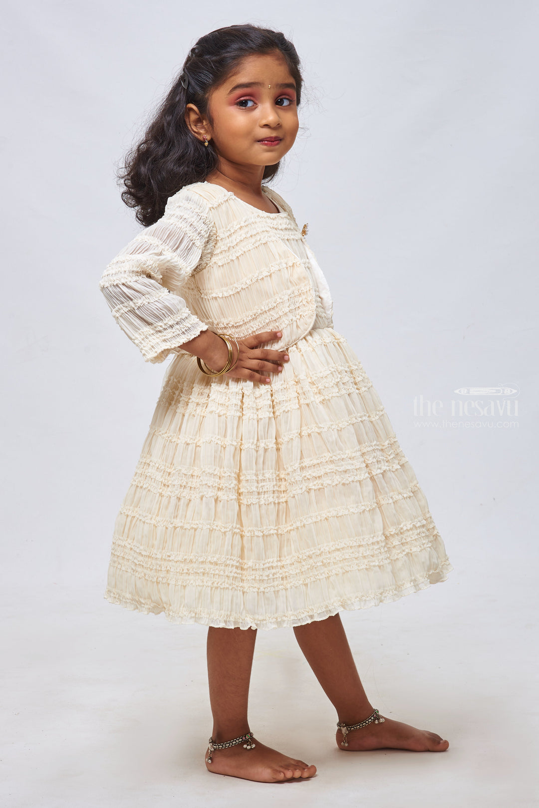 The Nesavu Girls Fancy Party Frock Ivory Allure: Girls Ceremonial Wear with Graceful Ruffles, Pleats & Complementary Overcoat Nesavu Baby Girl Partywear Frock | Birthday Frock for Baby Girl | the Nesavu