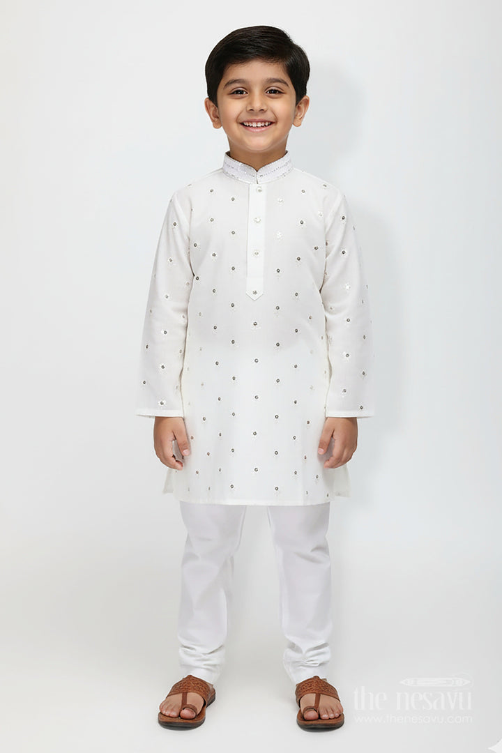 The Nesavu Boys Kurtha Set Ivory Chanderi Kurta Set for Boys with Mirror Work for Special Occasions Nesavu 16 (1Y) / Half white BES755B-16 Nesavu Boys Ivory Chanderi Kurta Set Mirror Work Ethnic Festive Wear Toddlers
