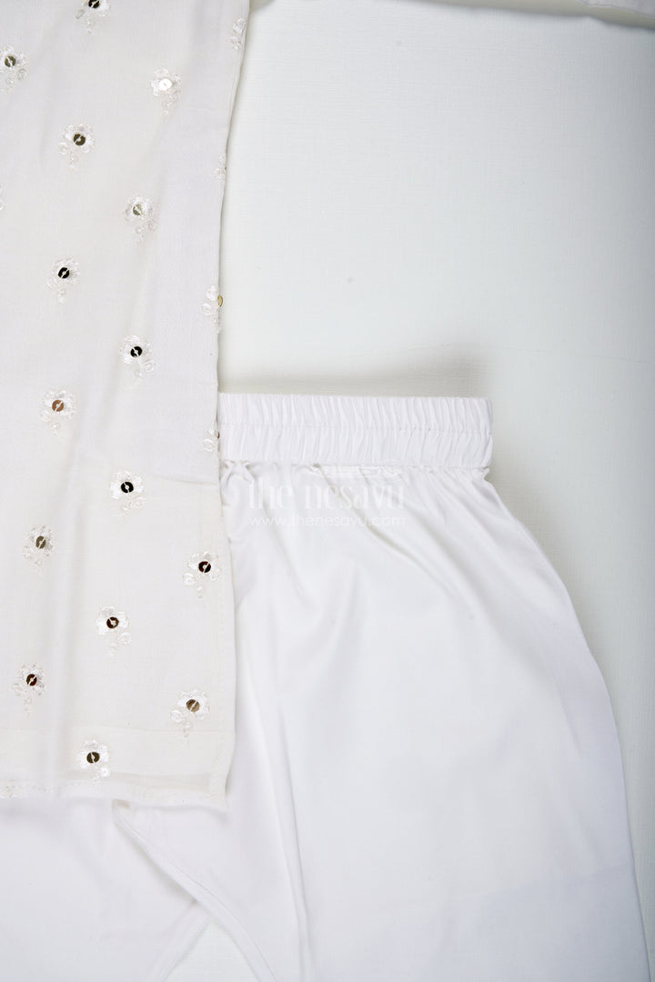 The Nesavu Boys Kurtha Set Ivory Chanderi Kurta Set for Boys with Mirror Work for Special Occasions Nesavu Nesavu Boys Ivory Chanderi Kurta Set Mirror Work Ethnic Festive Wear Toddlers