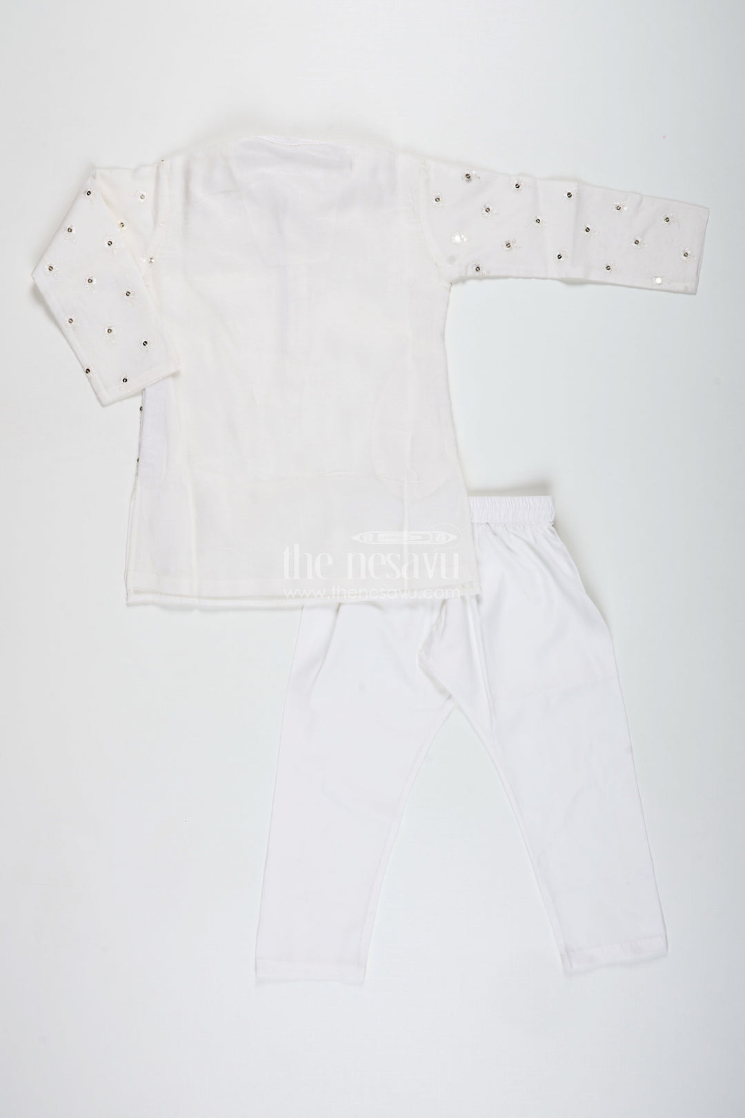 The Nesavu Boys Kurtha Set Ivory Chanderi Kurta Set for Boys with Mirror Work for Special Occasions Nesavu Nesavu Boys Ivory Chanderi Kurta Set Mirror Work Ethnic Festive Wear Toddlers