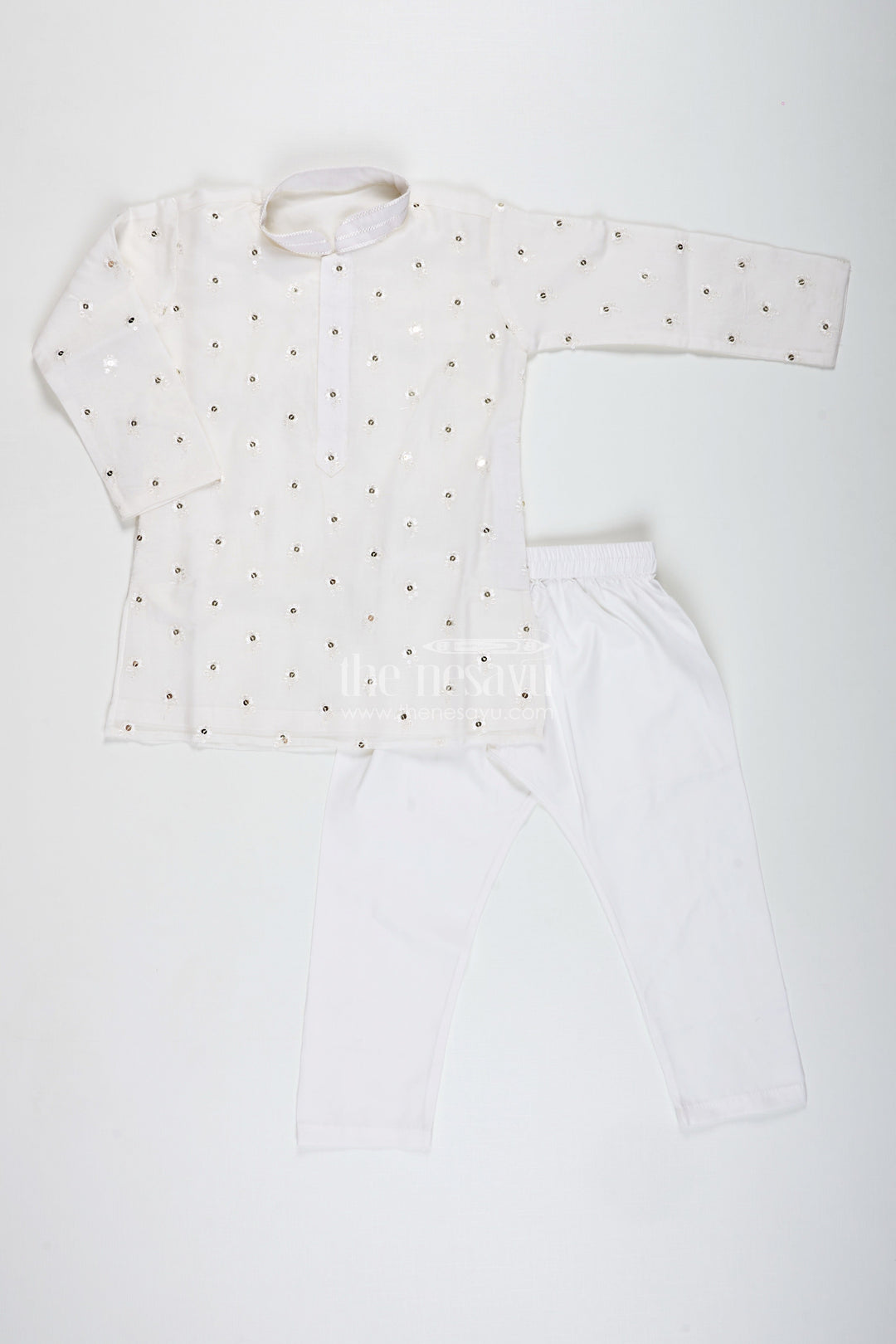 The Nesavu Boys Kurtha Set Ivory Chanderi Kurta Set for Boys with Mirror Work for Special Occasions Nesavu Nesavu Boys Ivory Chanderi Kurta Set Mirror Work Ethnic Festive Wear Toddlers