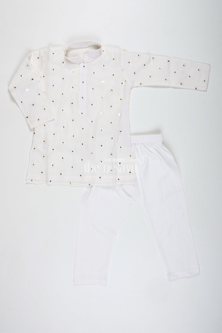 The Nesavu Boys Kurtha Set Ivory Chanderi Kurta Set for Boys with Mirror Work for Special Occasions Nesavu Nesavu Boys Ivory Chanderi Kurta Set Mirror Work Ethnic Festive Wear Toddlers