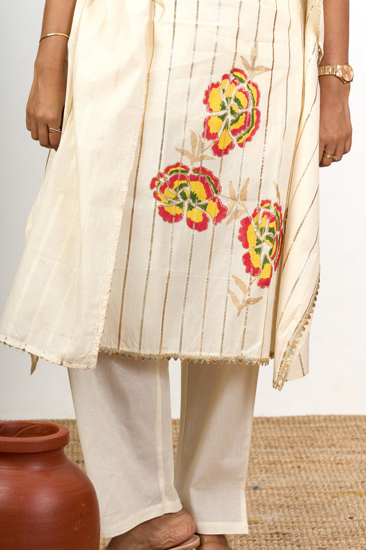 The Nesavu Womens Co-Ord Sets Ivory Co-Ord Dress Set for Women with Unique Embroidery and Timeless Appeal Nesavu Ivory Co-Ord Dress Set Women Cotton Floral Embroidery - | The Nesavu