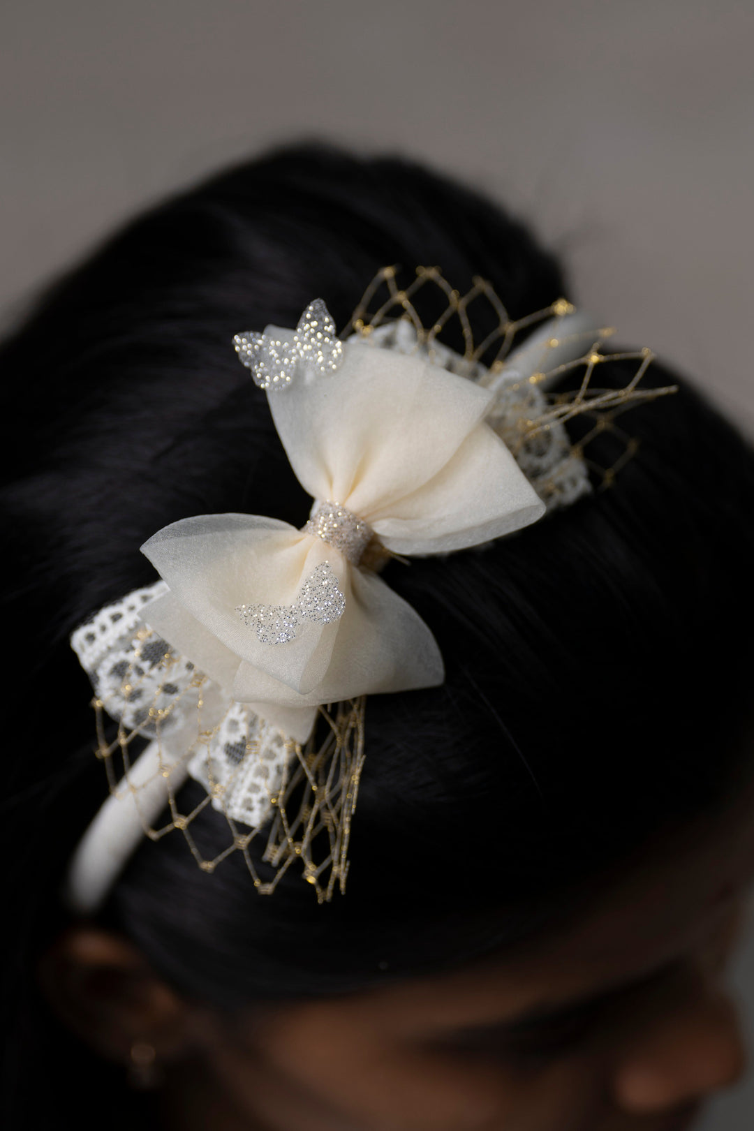 The Nesavu Hair Band Ivory Elegance Butterfly Hairbow with Gold Filigree and Lace Nesavu Half white JHB79B Satin Bow with Lace and Gold Detail | Sophisticated Hair Accessory | The Nesavu