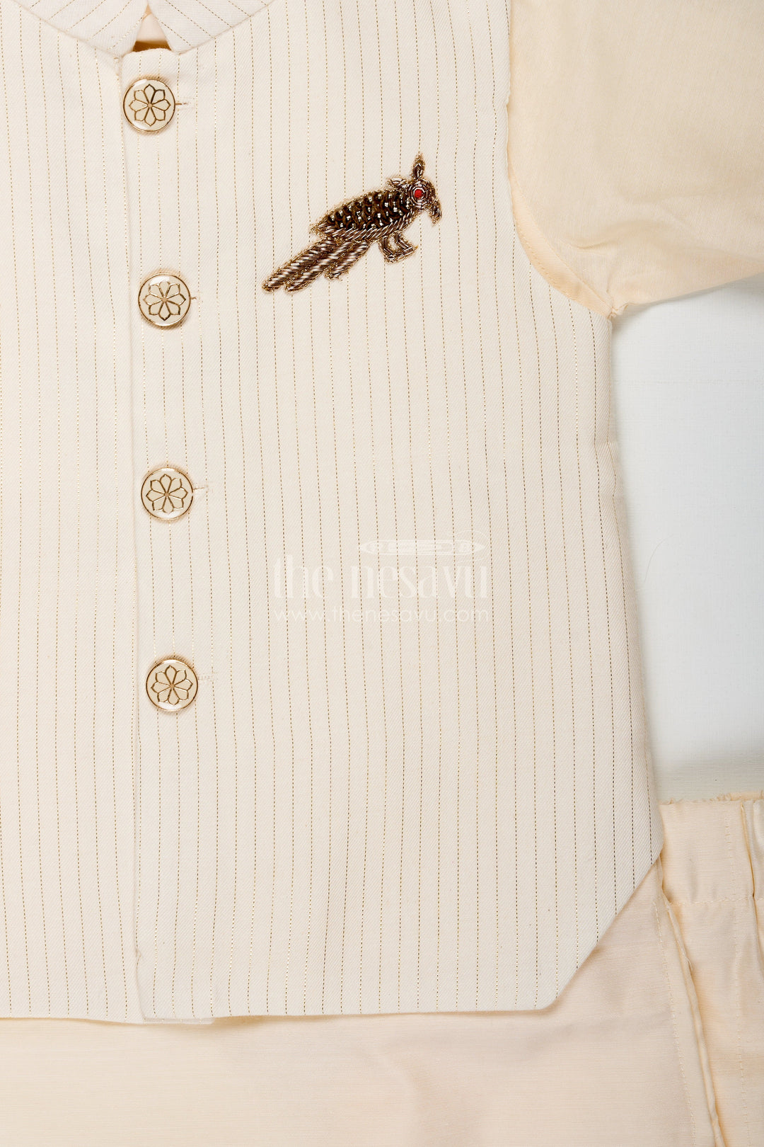 The Nesavu Boys Kurtha Set Ivory Kurta Set for Boys in Silk Blend with Designer Brooch Embellishment and Straight-Cut Pants Nesavu Ivory Kurta Set for Boys in Silk Blend with Brooch Embellishment and Stylish Jacket Design | The Nesavu