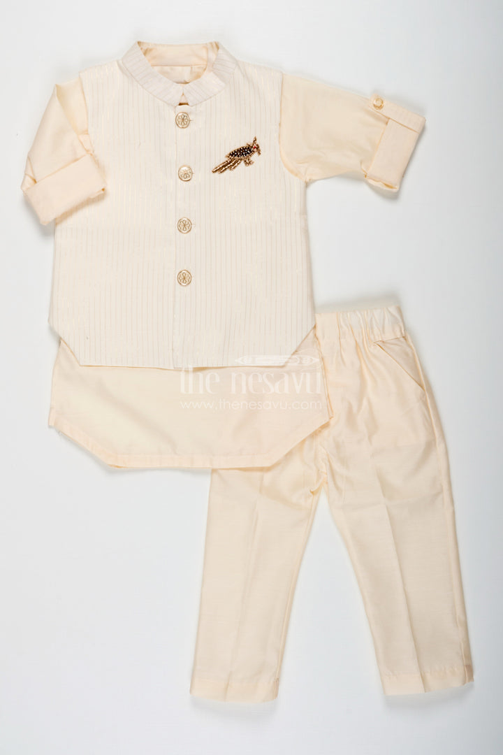 The Nesavu Boys Kurtha Set Ivory Kurta Set for Boys in Silk Blend with Designer Brooch Embellishment and Straight-Cut Pants Nesavu Ivory Kurta Set for Boys in Silk Blend with Brooch Embellishment and Stylish Jacket Design | The Nesavu