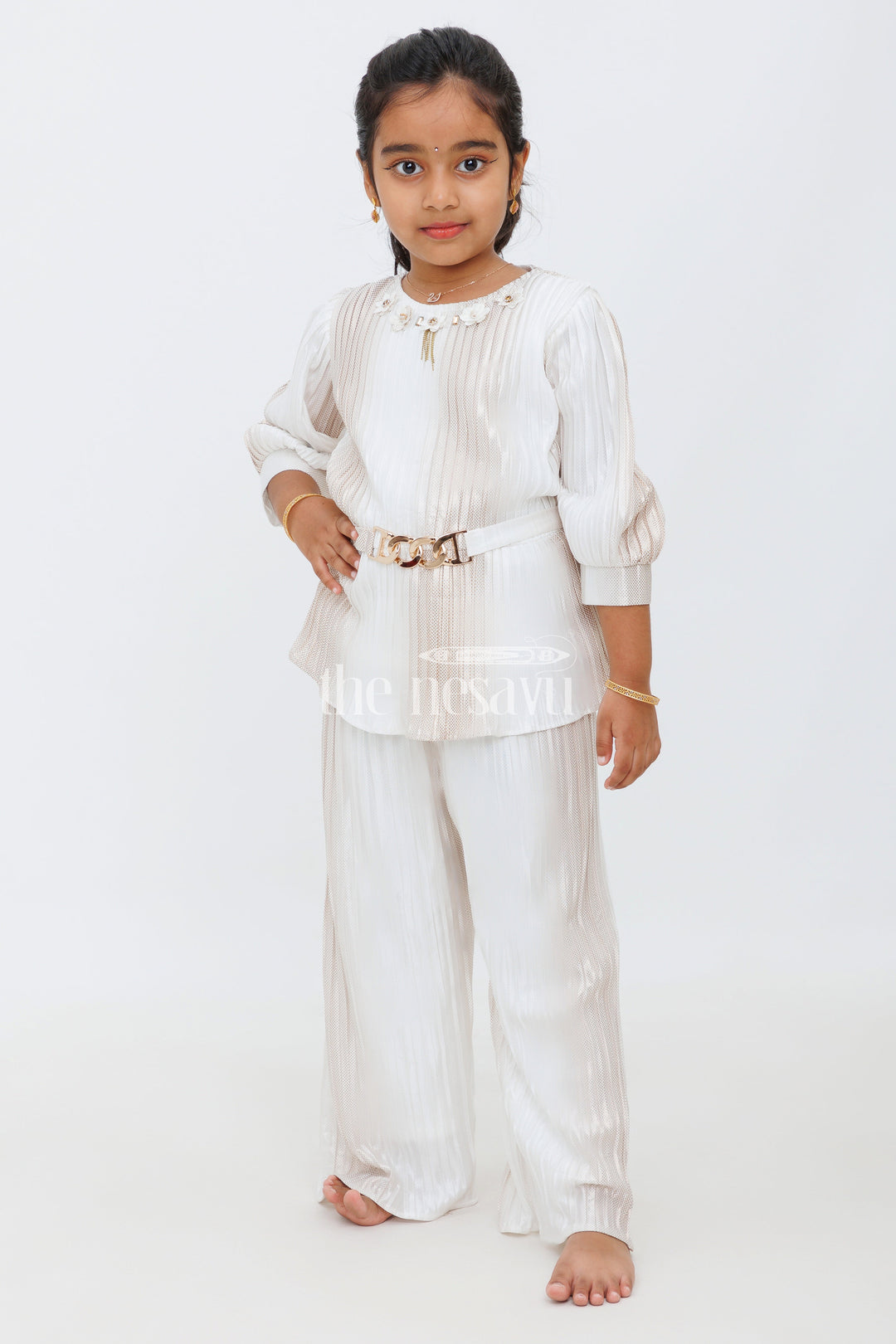 The Nesavu Girls Sharara / Plazo Set Ivory Shimmer Pleated IndoWestern Sharara Set for Girls Nesavu 24 (5Y) / Cream GPS384A-24 Ivory Shimmer Pleated Sharara Set for Girls - Nesavu