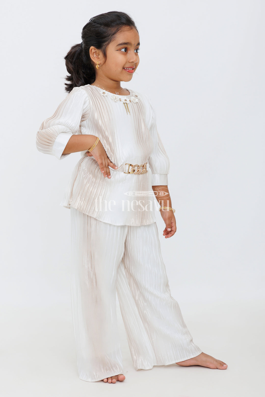 The Nesavu Girls Sharara / Plazo Set Ivory Shimmer Pleated IndoWestern Sharara Set for Girls Nesavu Ivory Shimmer Pleated Sharara Set for Girls - Nesavu