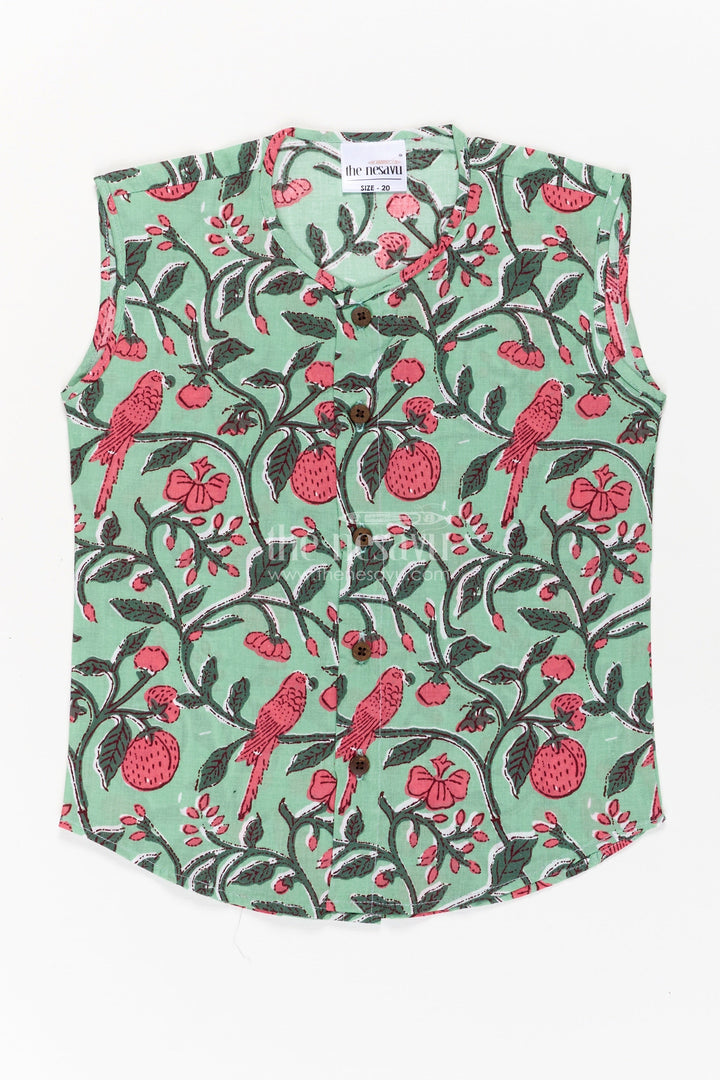 The Nesavu Baby Jablas Jabla Newborn Sleeveless Green Baby Shirt with Pink Bird and Floral Digital Prints Nesavu 10 (NB) / Green IF037A-10 Jabla Newborn Green Cotton Sleeveless Shirt Pink Parrot Floral Digital Prints | The Nesavu