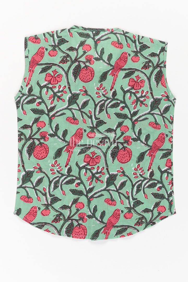 The Nesavu Baby Jablas Jabla Newborn Sleeveless Green Baby Shirt with Pink Bird and Floral Digital Prints Nesavu Jabla Newborn Green Cotton Sleeveless Shirt Pink Parrot Floral Digital Prints | The Nesavu