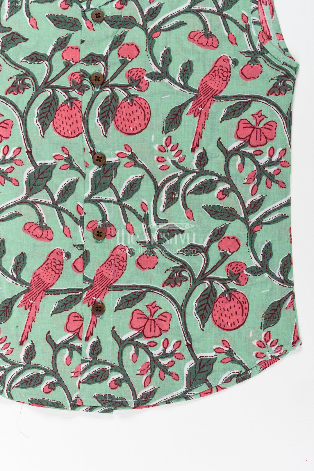 The Nesavu Baby Jablas Jabla Newborn Sleeveless Green Baby Shirt with Pink Bird and Floral Digital Prints Nesavu Jabla Newborn Green Cotton Sleeveless Shirt Pink Parrot Floral Digital Prints | The Nesavu
