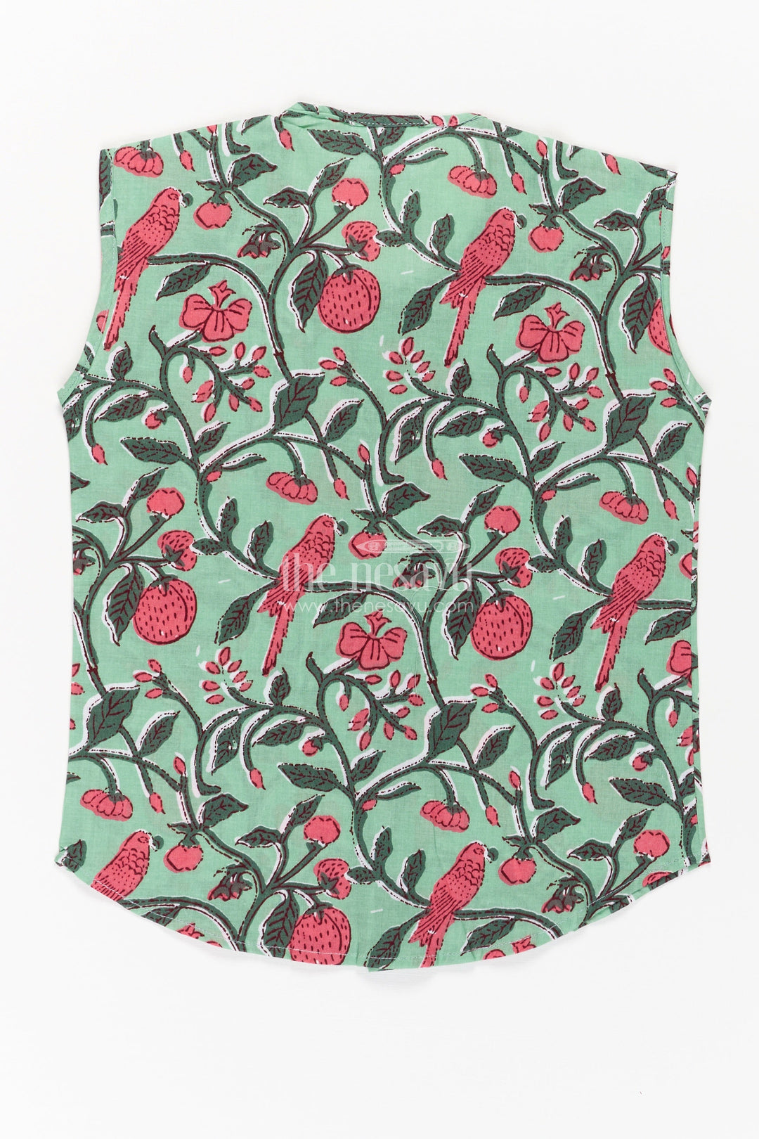 The Nesavu Baby Jablas Jabla Newborn Sleeveless Green Baby Shirt with Pink Bird and Floral Digital Prints Nesavu Jabla Newborn Green Cotton Sleeveless Shirt Pink Parrot Floral Digital Prints | The Nesavu