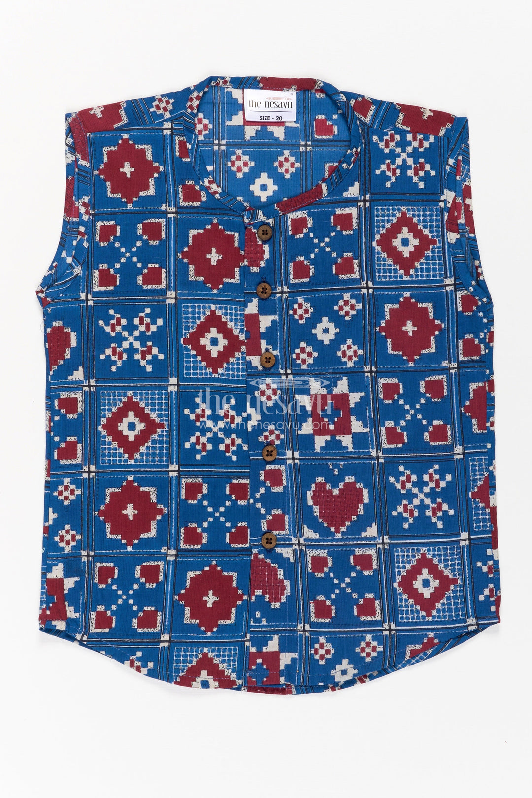 The Nesavu Baby Jablas Jabla Online Sleeveless Baby Shirt with Blue and Red Geometric Digital Prints for Boys Nesavu Jabla Online Cotton Sleeveless Baby Shirt Red Blue Geometric Digital Print | The Nesavu