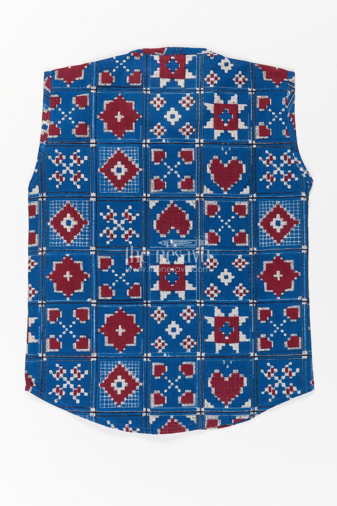 The Nesavu Baby Jablas Jabla Online Sleeveless Baby Shirt with Blue and Red Geometric Digital Prints for Boys Nesavu Jabla Online Cotton Sleeveless Baby Shirt Red Blue Geometric Digital Print | The Nesavu