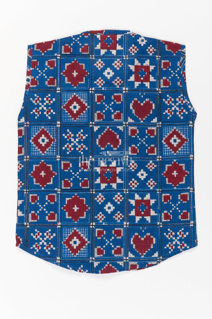 The Nesavu Baby Jablas Jabla Online Sleeveless Baby Shirt with Blue and Red Geometric Digital Prints for Boys Nesavu Jabla Online Cotton Sleeveless Baby Shirt Red Blue Geometric Digital Print | The Nesavu