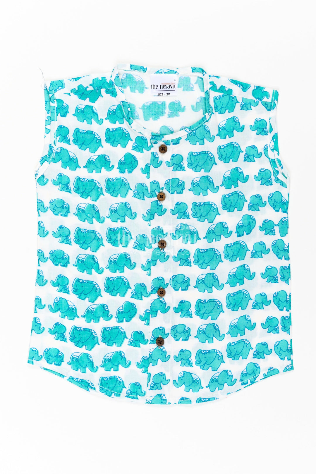 The Nesavu Baby Jablas Jablas for Newborn Boys Sleeveless Cotton Shirt with Cute Elephant Digital Print in Teal and White Nesavu 10 (NB) / Green IF033A-10 Jablas Newborn Boys Cotton Sleeveless Shirt Teal Elephant Digital Print Wooden Buttons | The Nesavu