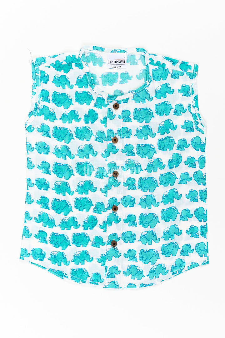 The Nesavu Baby Jablas Jablas for Newborn Boys Sleeveless Cotton Shirt with Cute Elephant Digital Print in Teal and White Nesavu 10 (NB) / Green IF033A-10 Jablas Newborn Boys Cotton Sleeveless Shirt Teal Elephant Digital Print Wooden Buttons | The Nesavu